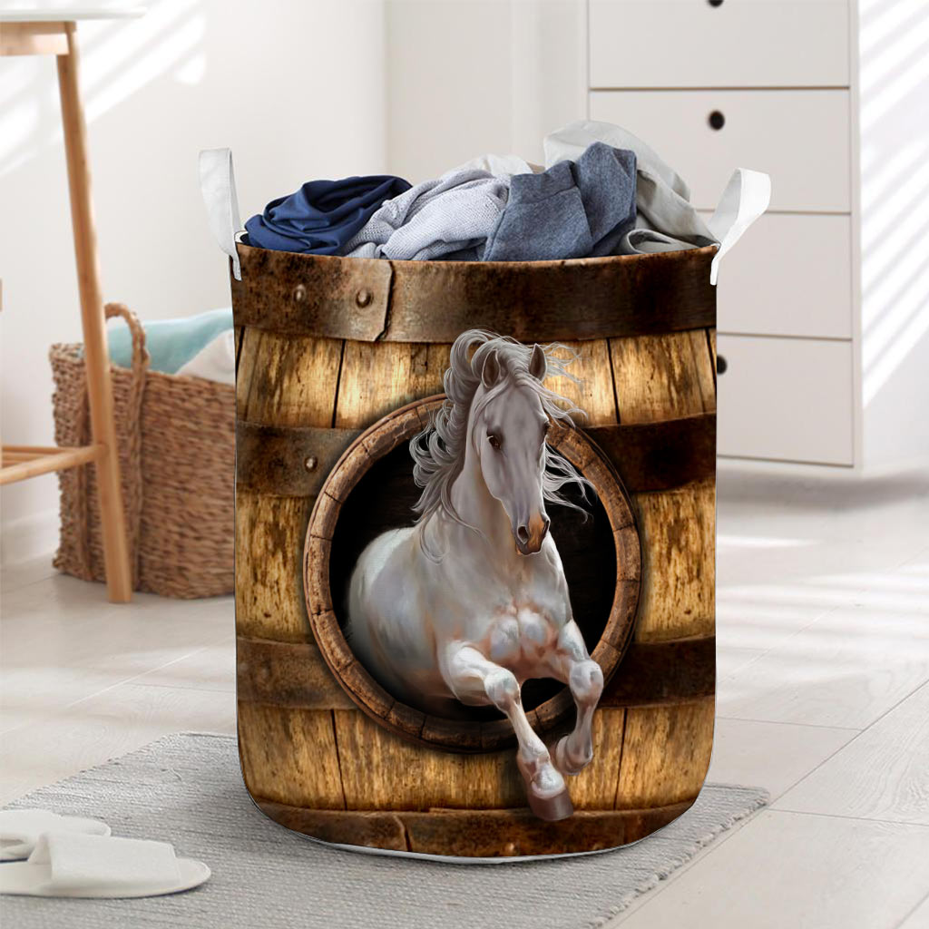 White Horse Faux Wood - Horse Riding Lover - Horse Owner Laundry Basket 0921