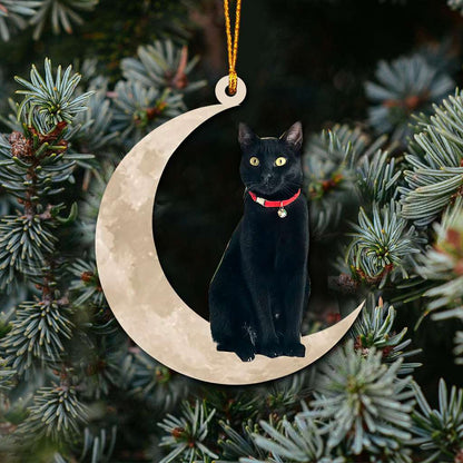 Black Cat Sits On The Moon - Cat Ornament (Printed On Both Sides) 1022