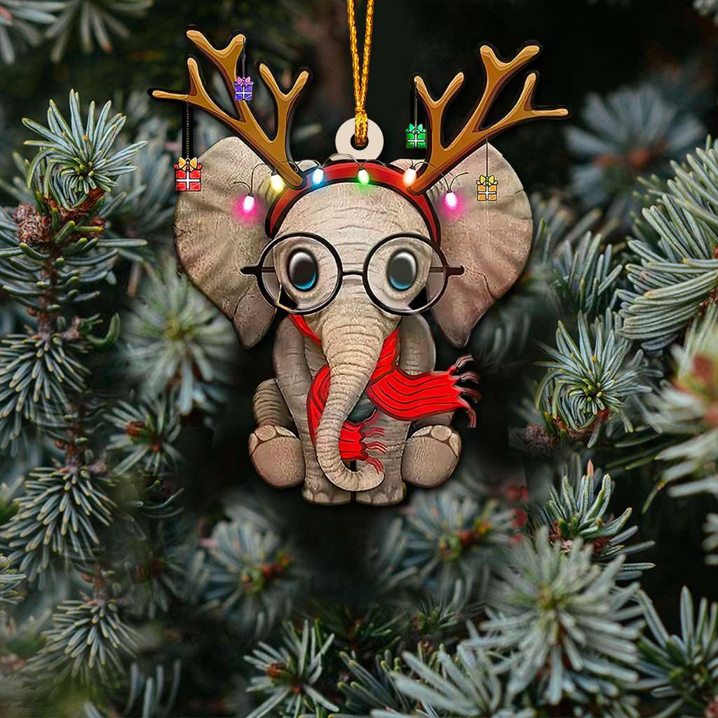 Cute Elephant Wears Christmas Lights - Elephant Ornament (Printed On Both Sides) 1022