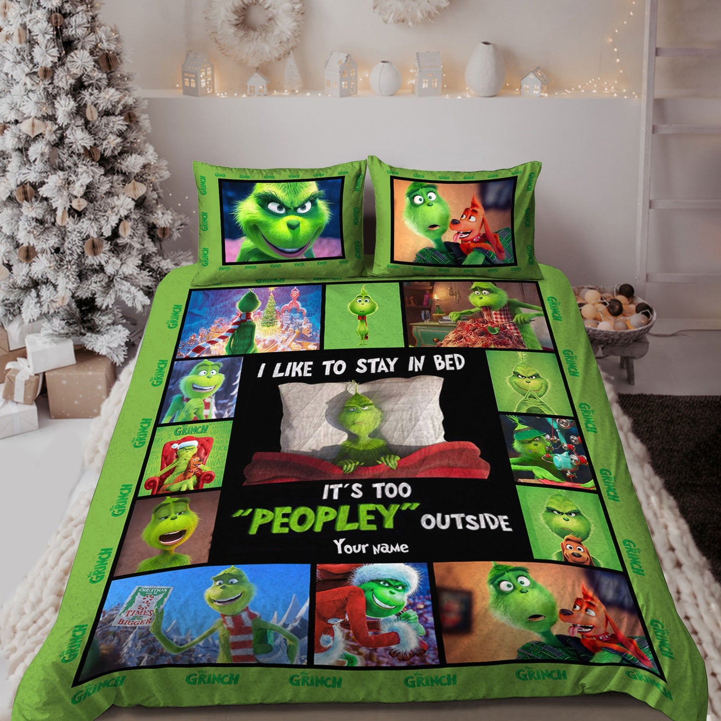 I Like To Stay In Bed - Personalized Christmas Stole Christmas Quilt Set