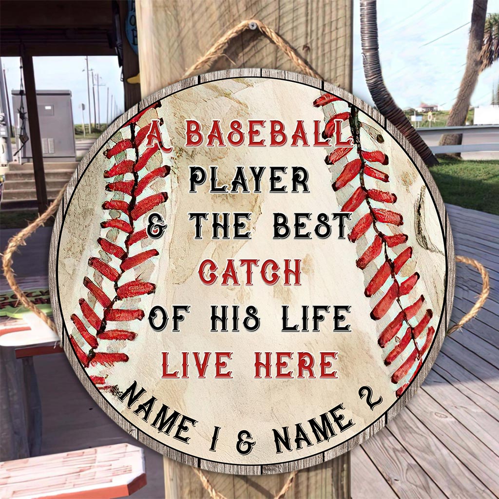 A Baseball Player Personalized Round Wood Sign