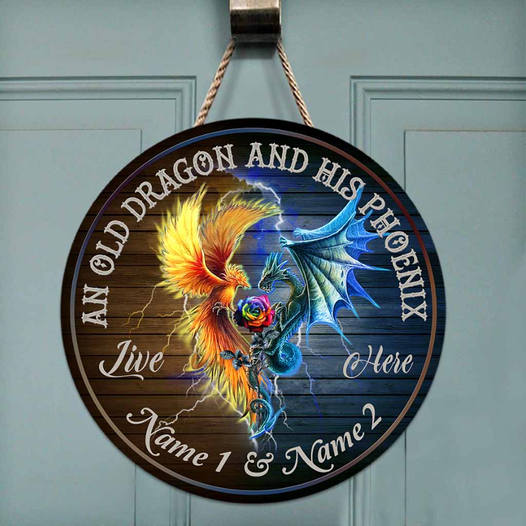 An Old Dragon And His Phoenix Live Here Personalized Round Wood Sign