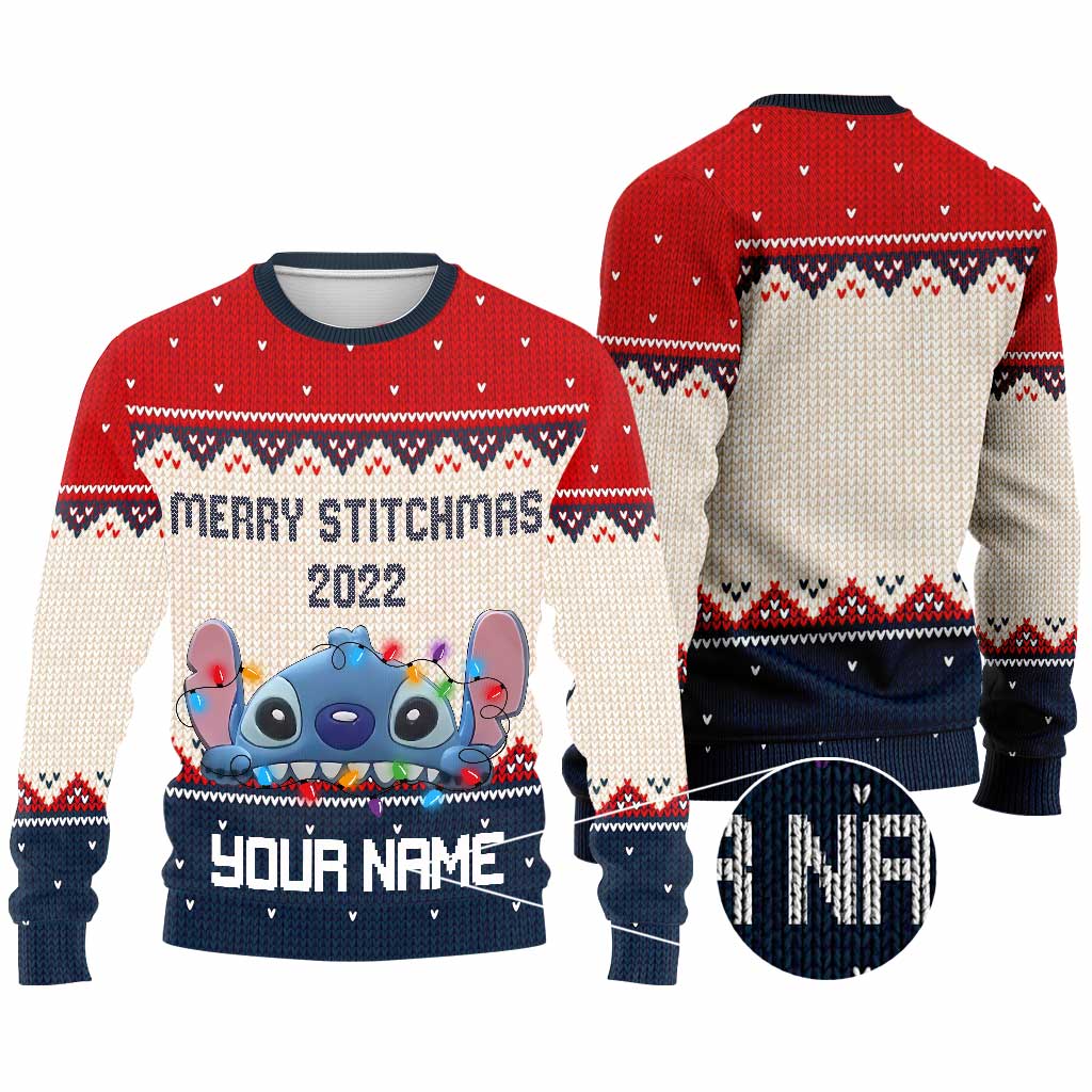 Merry Stitchmas - Personalized Christmas Ohana Sweater With Faux Wool Pattern Printed