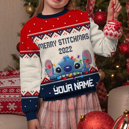 Merry Stitchmas - Personalized Christmas Ohana Sweater With Faux Wool Pattern Printed